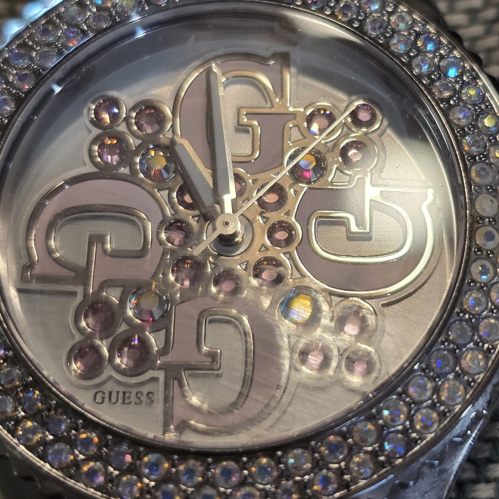 Guess Silver and Pink Crystal Embellished Watch